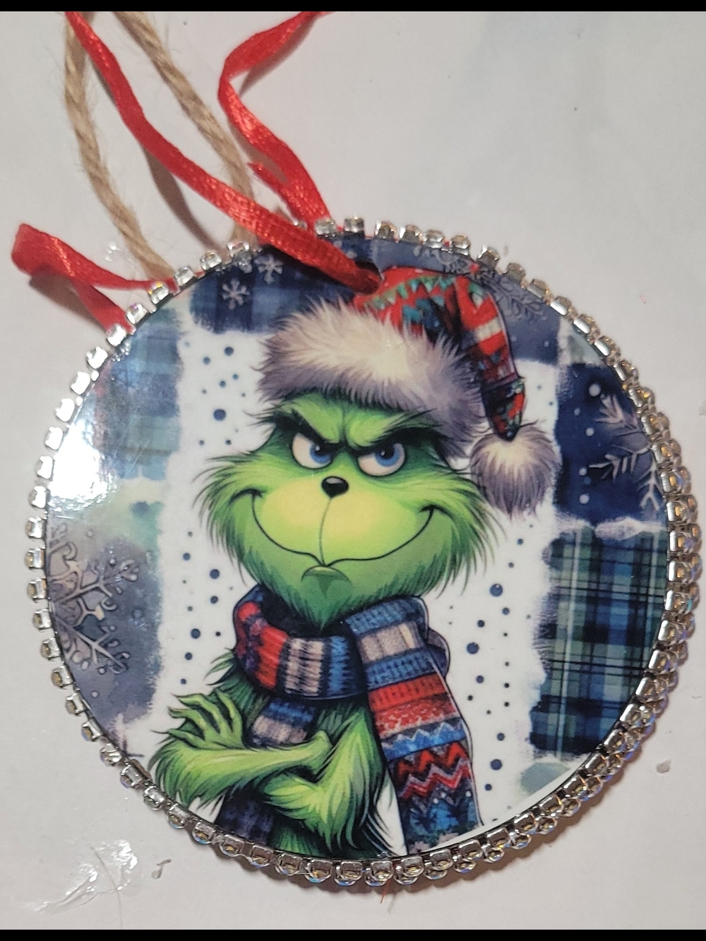 Handmade Green Grinch Holiday Ornament with Festive Scarf and Hat